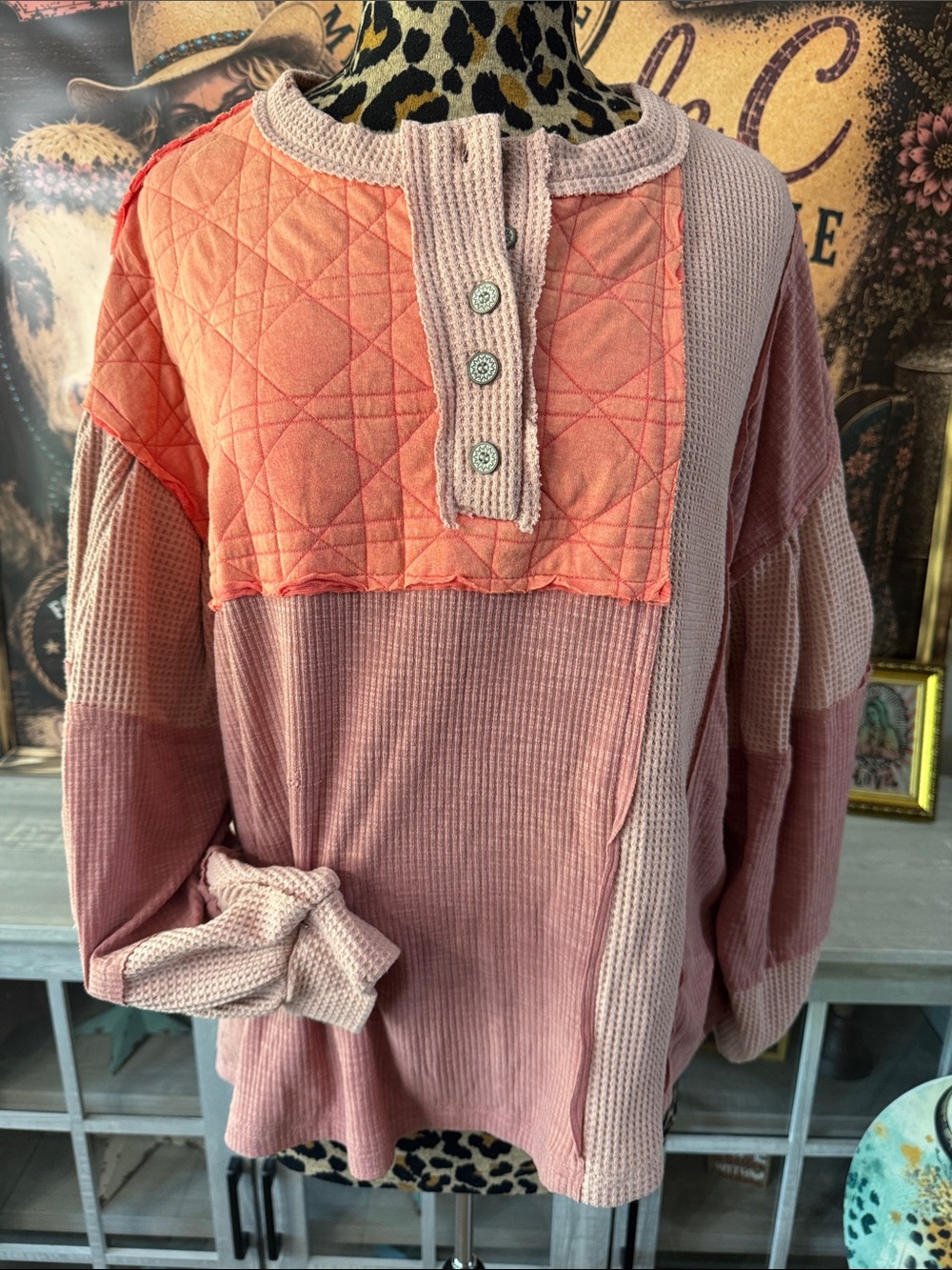POL Women's Corded Knit Patchwork Women's Top in Coral Pink - Sz Medium
